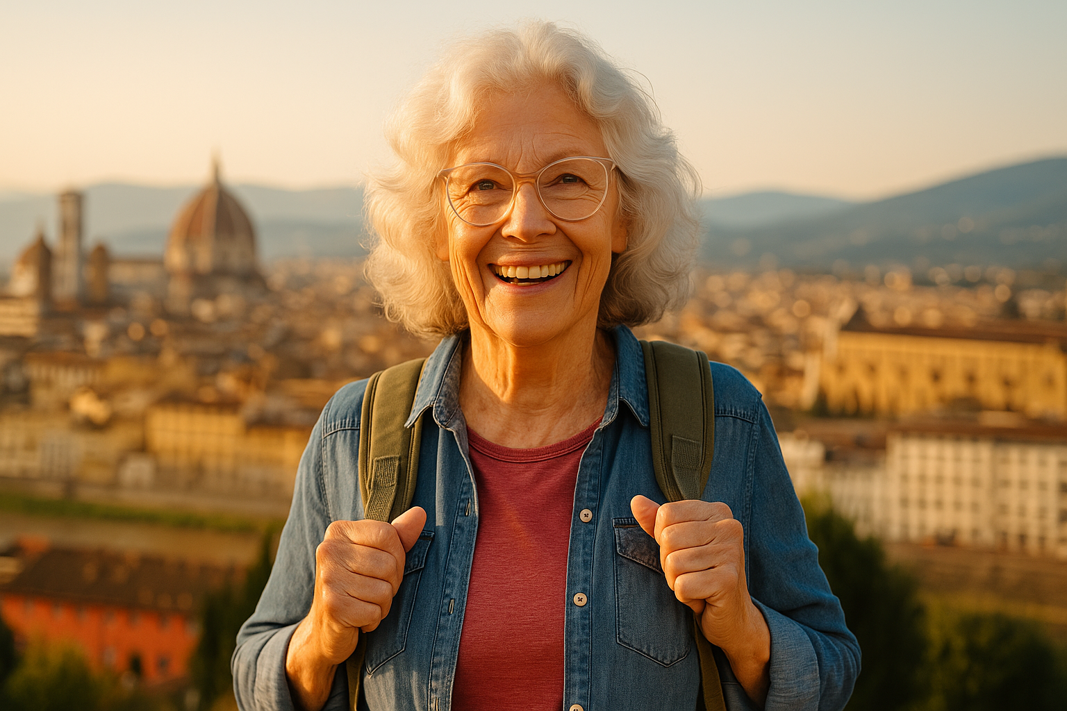 Idosa sorridente viajando e vivendo com plenitude na terceira idade